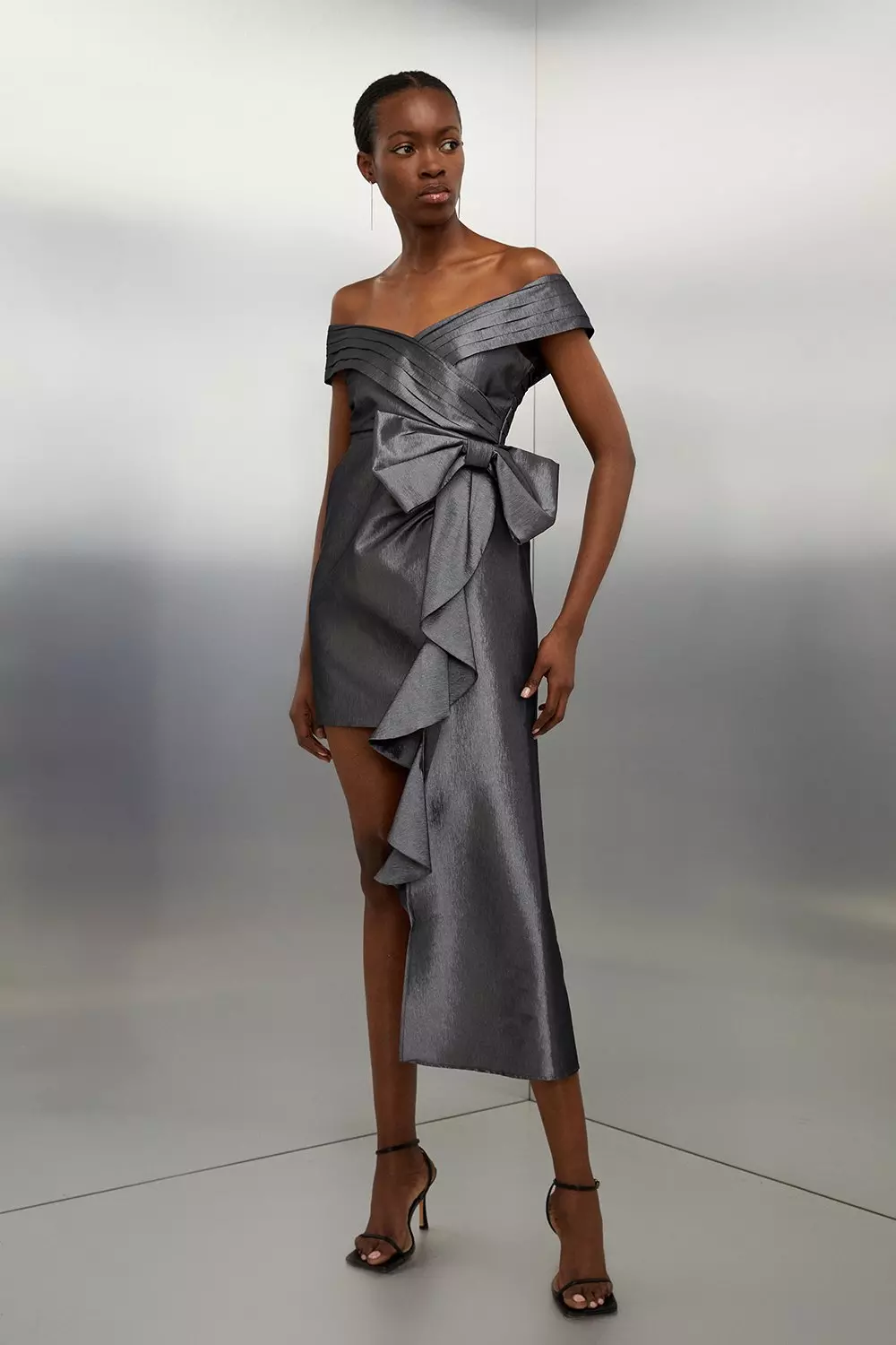 Tailored Off Shoulder Metallic Bow Drape Detail Mini Dress Karen Millen